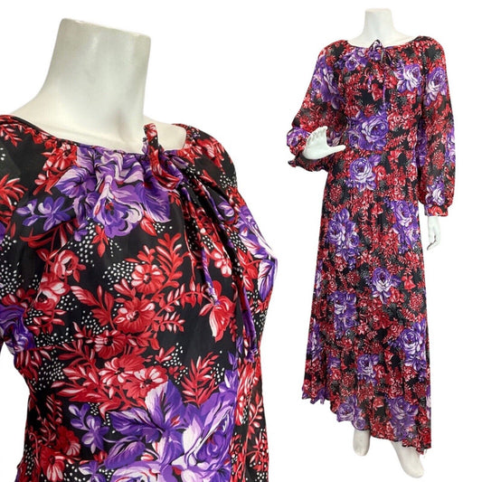 VINTAGE 60s 70s RED PURPLE BLACK PSYCHEDELIC FLORAL PLEATED BOHO MAXI DRESS 16