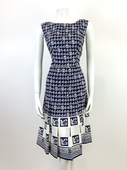 VINTAGE 60s 70s NAVY BLUE WHITE GEOMETRIC CHECKED FLORAL SLEEVELESS MOD DRESS 12