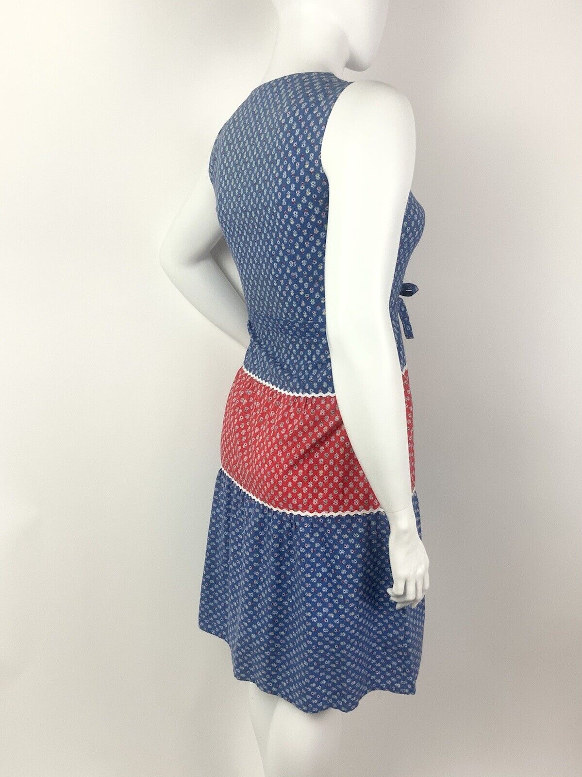 VTG 60s 70s BLUE RED WHITE FLORAL DITSY DAISY RIC RAC COTTAGE BOHO DRESS 14 16