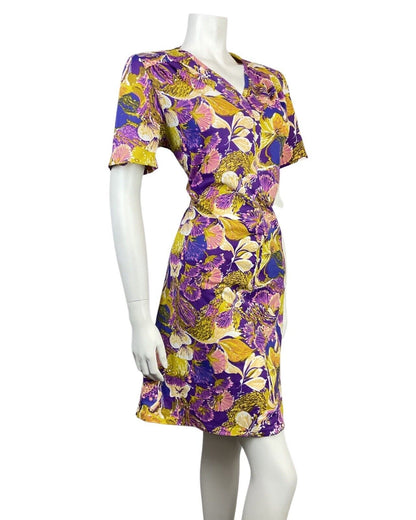 VINTAGE 60s 70s PURPLE YELLOW WHITE PSYCHEDELIC MOD FLORAL SUMMER DRESS 16 18
