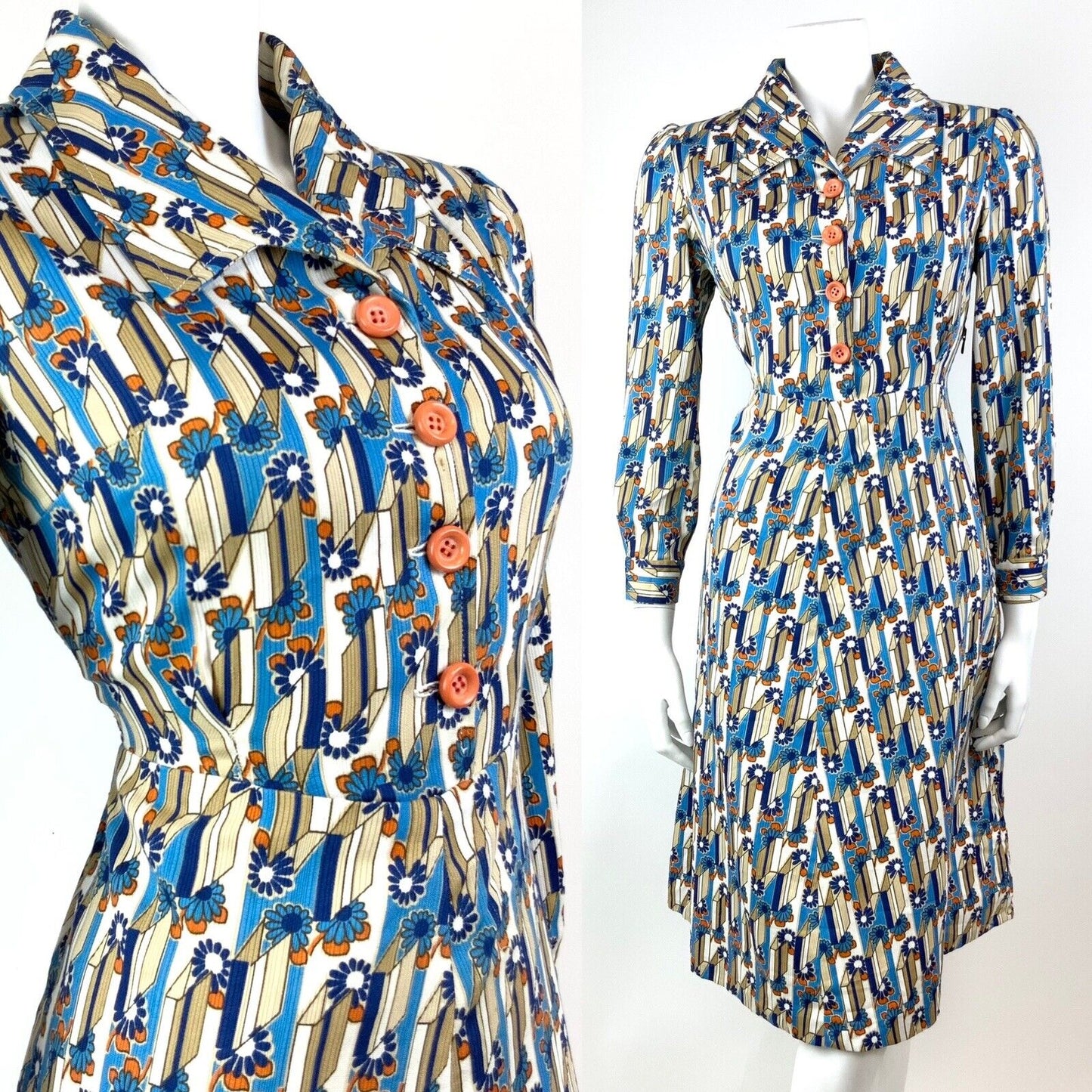 VINTAGE 60s 70s BLUE WHITE ORANGE GEOMETRIC DAISY FLOWER MOD SHIRT DRESS 12