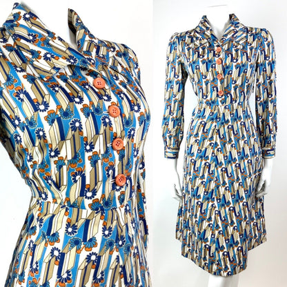 VINTAGE 60s 70s BLUE WHITE ORANGE GEOMETRIC DAISY FLOWER MOD SHIRT DRESS 12