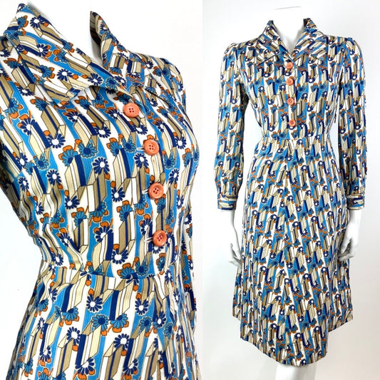 VINTAGE 60s 70s BLUE WHITE ORANGE GEOMETRIC DAISY FLOWER MOD SHIRT DRESS 12