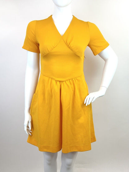 VINTAGE 60s 70s YELLOW ORANGE V-NECK SHORT MOD SWING DRESS 16