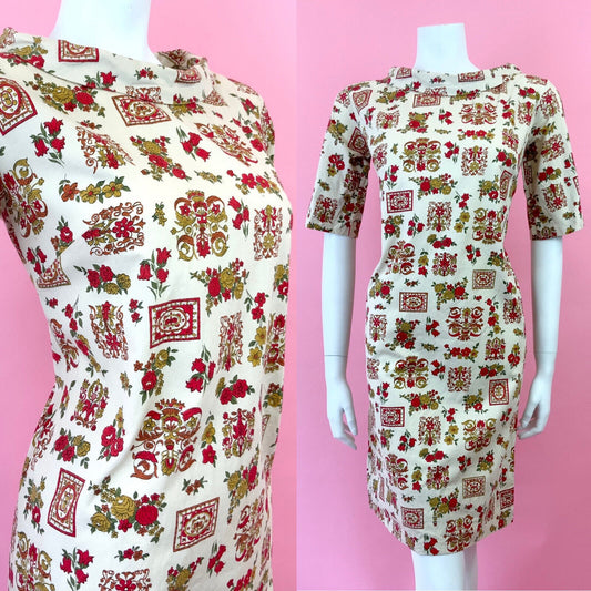 VINTAGE 60s 70s CREAM GREEN RED ORNATE FLORAL ROSE DECO MOD SHIFT DRESS 10