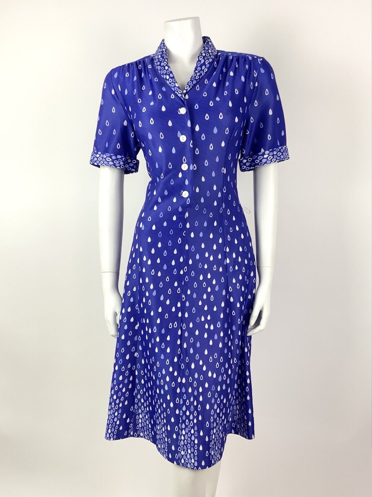 VINTAGE 60s 70s PURPLE LILAC WHITE TEAR RAIN-DROP SHAWL SHIRT DRESS 14 16