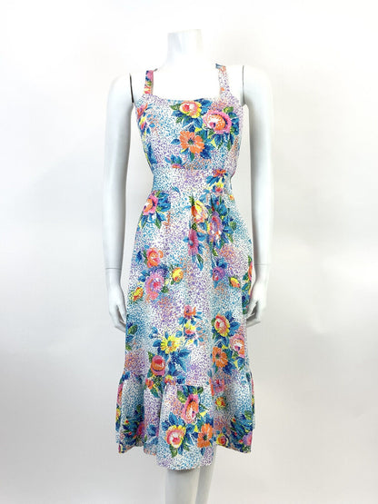VTG 60s 70s WHITE BLUE PINK PURPLE FLORAL POINTILLISM PSYCHEDELIC SUN DRESS 8 10