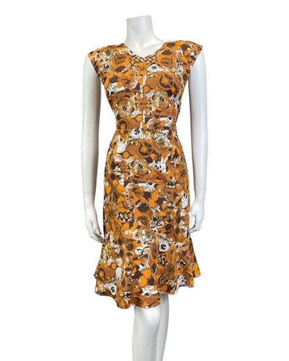 VINTAGE 60s 70s ORANGE BROWN WHITE PSYCHEDELIC ABSTRACT SLEEVELESS DRESS 10 12