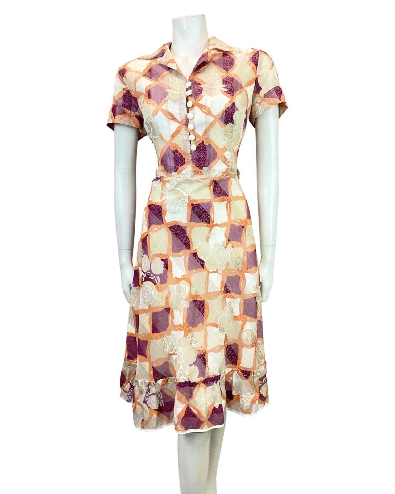 VINTAGE 60s 70s WHITE PURPLE ORANGE CHECKED FLORAL DAGGER SHIRT DRESS 10 12