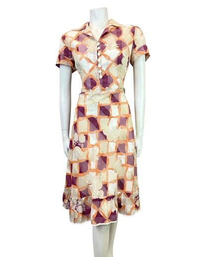 VINTAGE 60s 70s WHITE PURPLE ORANGE CHECKED FLORAL DAGGER SHIRT DRESS 10 12