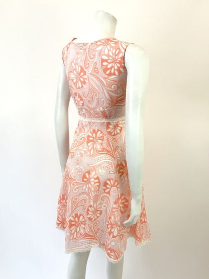 VTG 60s 70s PINK ORANGE WHITE PSYCHEDELIC FLORAL PAISLEY LACE MOD DRESS 10 12