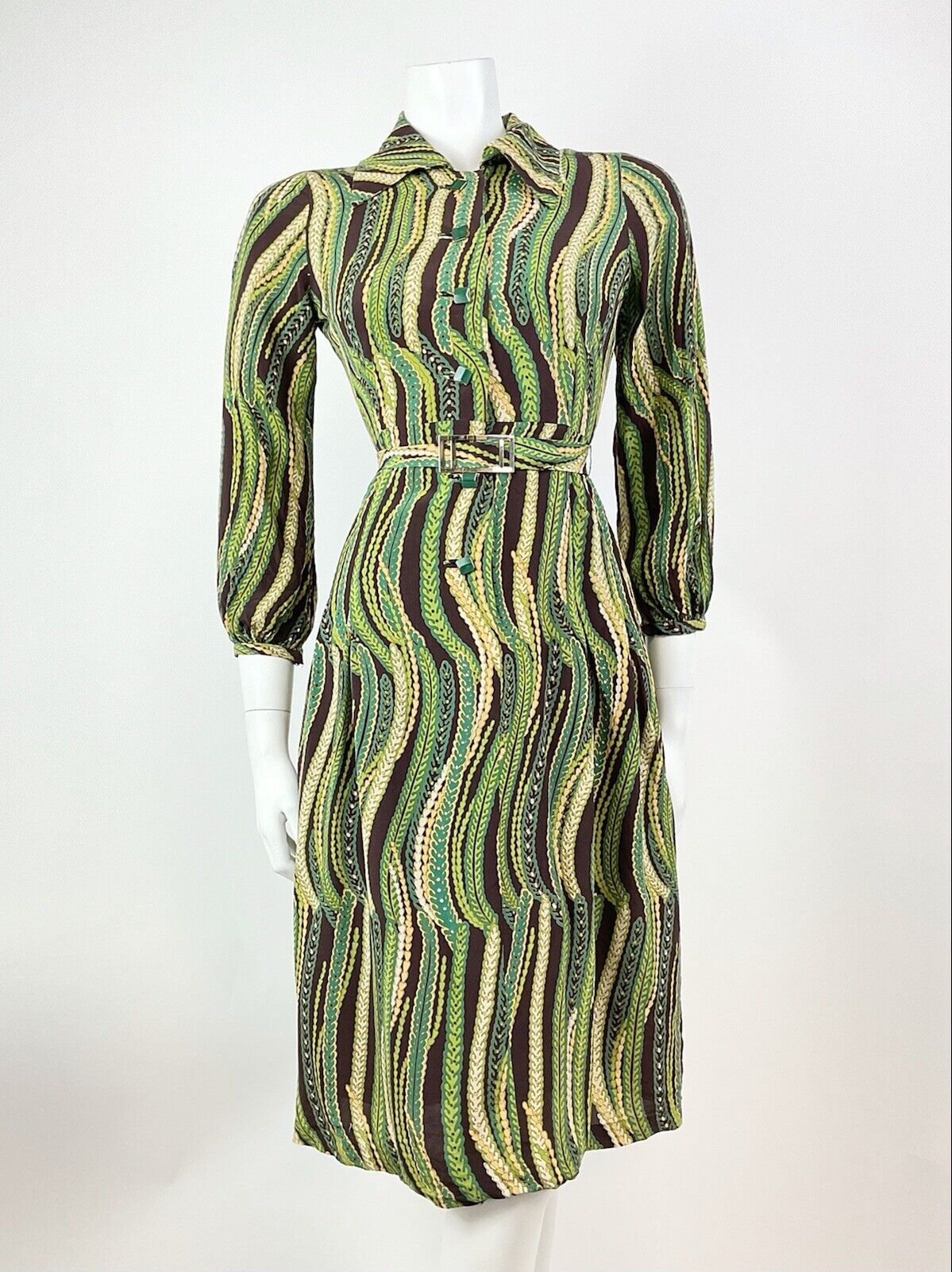 VINTAGE 60s 70s GREEN CREAM BROWN STRIPED PSYCHEDELIC BELTED SHIRT DRESS 8 10