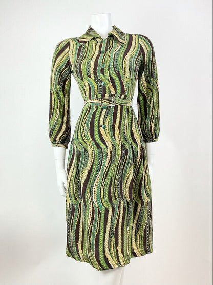 VINTAGE 60s 70s GREEN CREAM BROWN STRIPED PSYCHEDELIC BELTED SHIRT DRESS 8 10