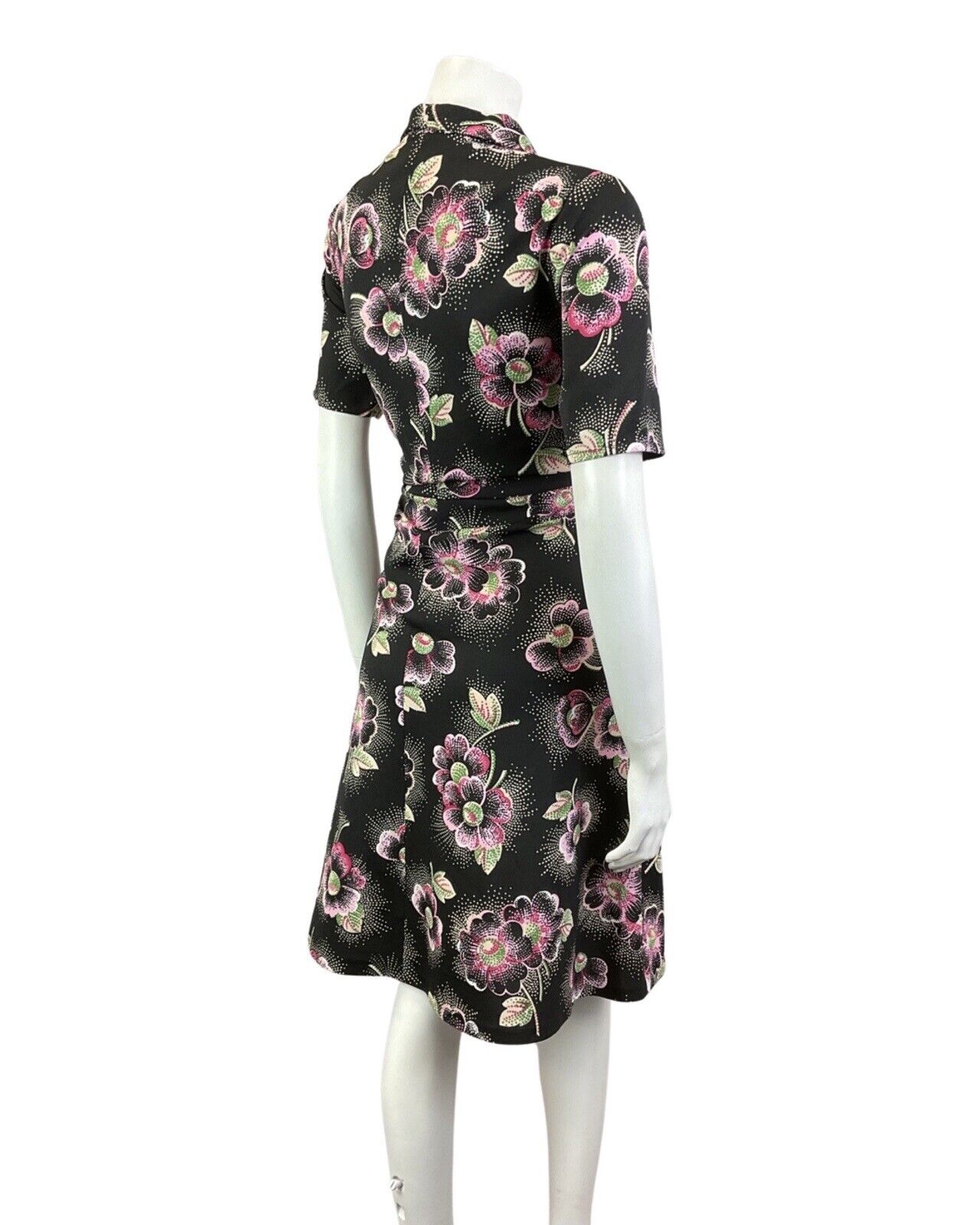 VINTAGE 60s 70s BLACK WHITE PINK FLORAL DOTTY MOD DAGGER SHIRT DRESS 12 14