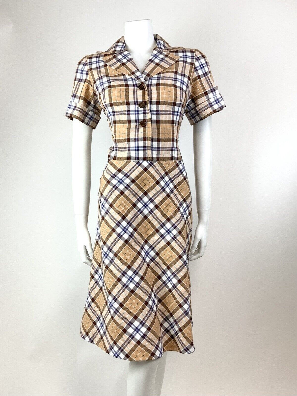 VINTAGE 60s 70s BROWN CREAM WHITE TARTAN PLAID CHECKED MOD SHIRT DRESS 10 12