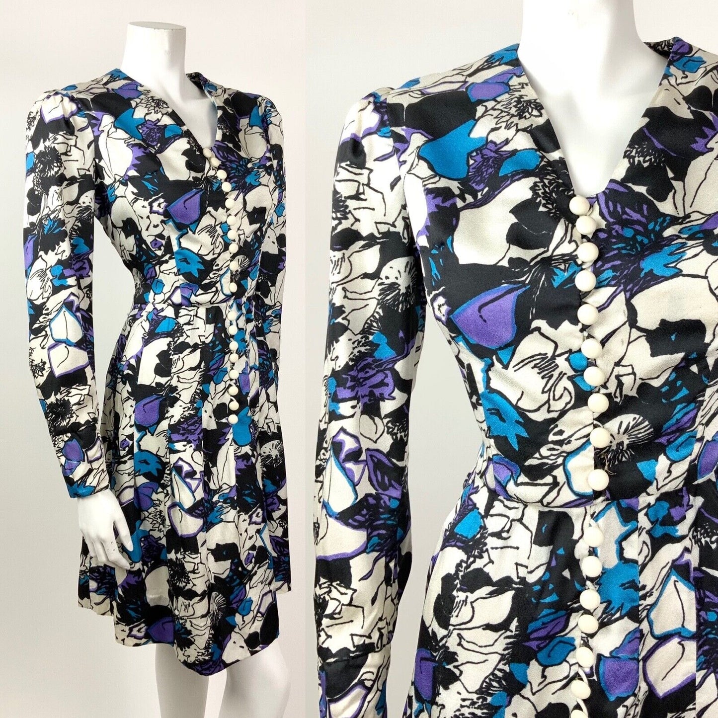 VINTAGE 60s 70s WHITE BLACK BLUE PURPLE PSYCHEDELIC FLORAL DRESS 10 12