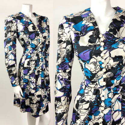 VINTAGE 60s 70s WHITE BLACK BLUE PURPLE PSYCHEDELIC FLORAL DRESS 10 12