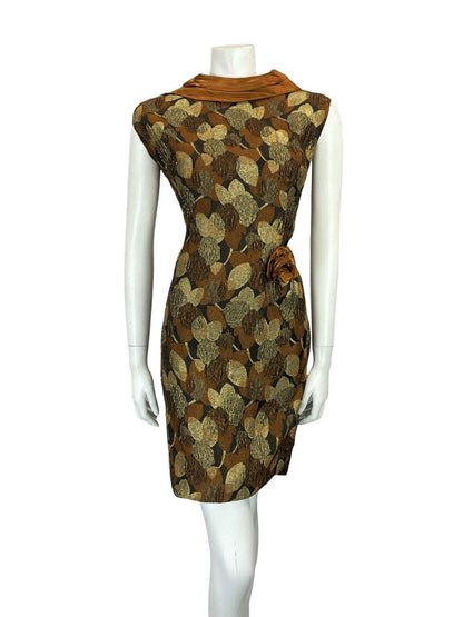 VTG 60S COPPER GOLD BLACK SATIN LEAF BROCADE PLUNGING BACK PARTY DRESS 12 14 M