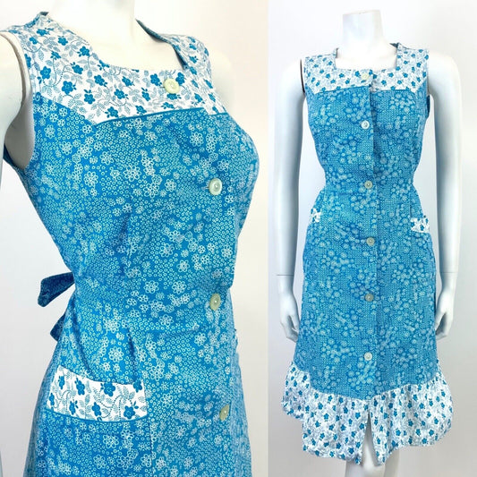 VINTAGE 60s 70s BRIGHT BLUE WHITE DOTTY FLORAL SLEEVELESS MOD SUMMER DRESS 10 12