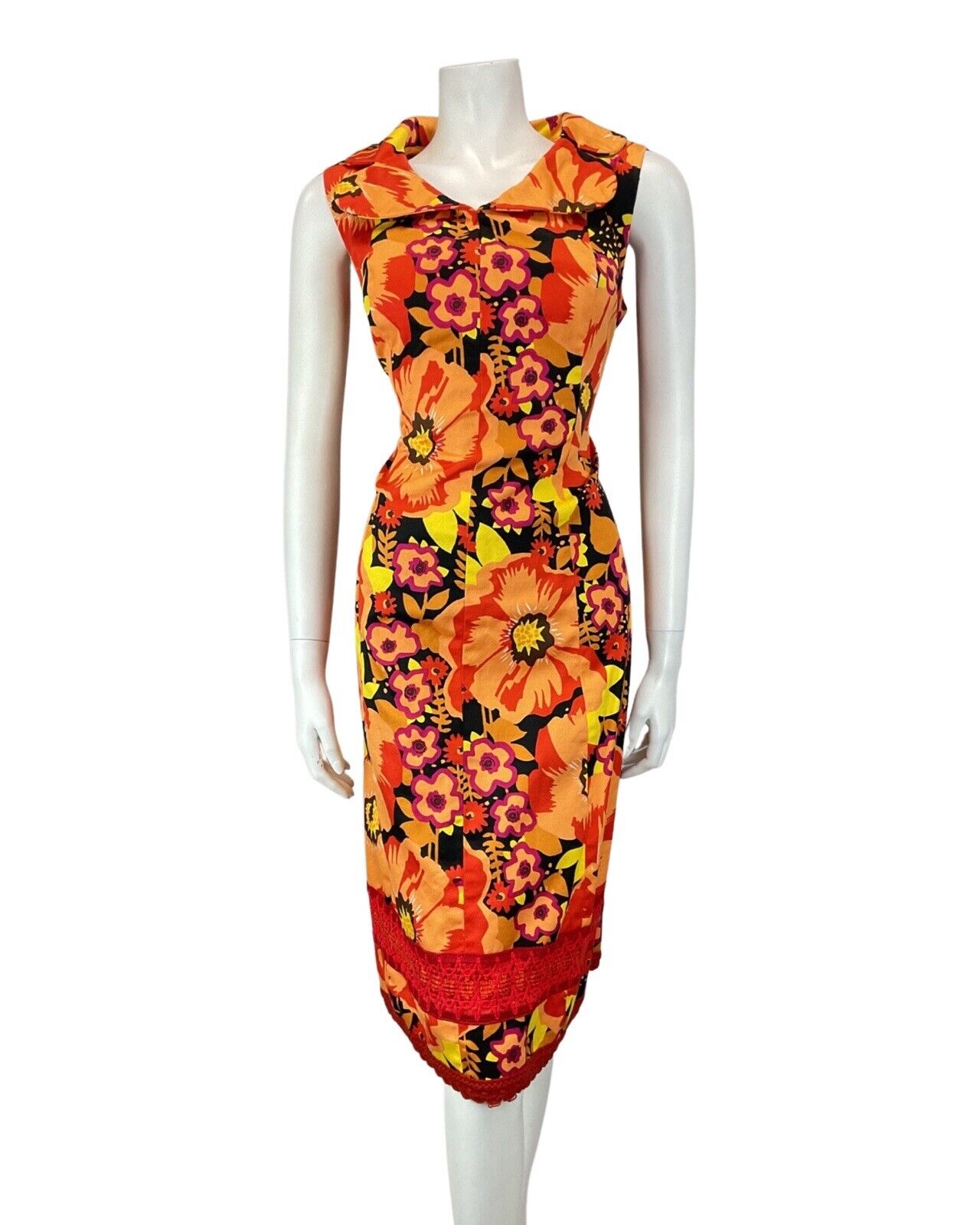 VTG 60s 70s ORANGE RED BLACK PSYCHEDELIC FLORAL CLOVER COLLAR MOD DRESS 12 14