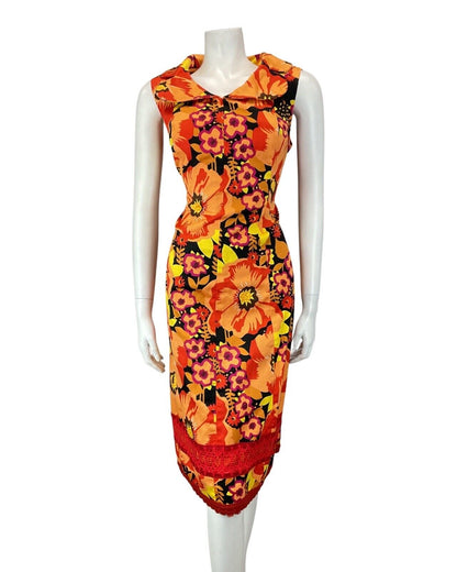 VTG 60s 70s ORANGE RED BLACK PSYCHEDELIC FLORAL CLOVER COLLAR MOD DRESS 12 14