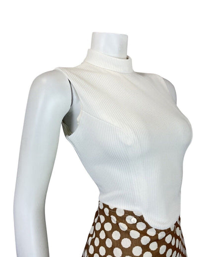 VINTAGE 60s 70s BROWN WHITE POLKA DOT MOD SLEEVELESS SUMMER DRESS 8 10