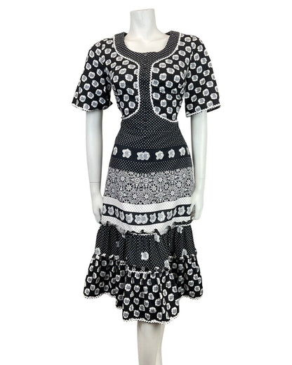 VINTAGE 60s 70s BLACK WHITE FLORAL POLKA-DOT RICRAC MOD RUFFLE DRESS 10