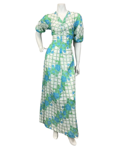 VINTAGE 60s 70s WHITE BLUE GREEN CHECKED FLORAL MOD MAXI DRESS 10 12