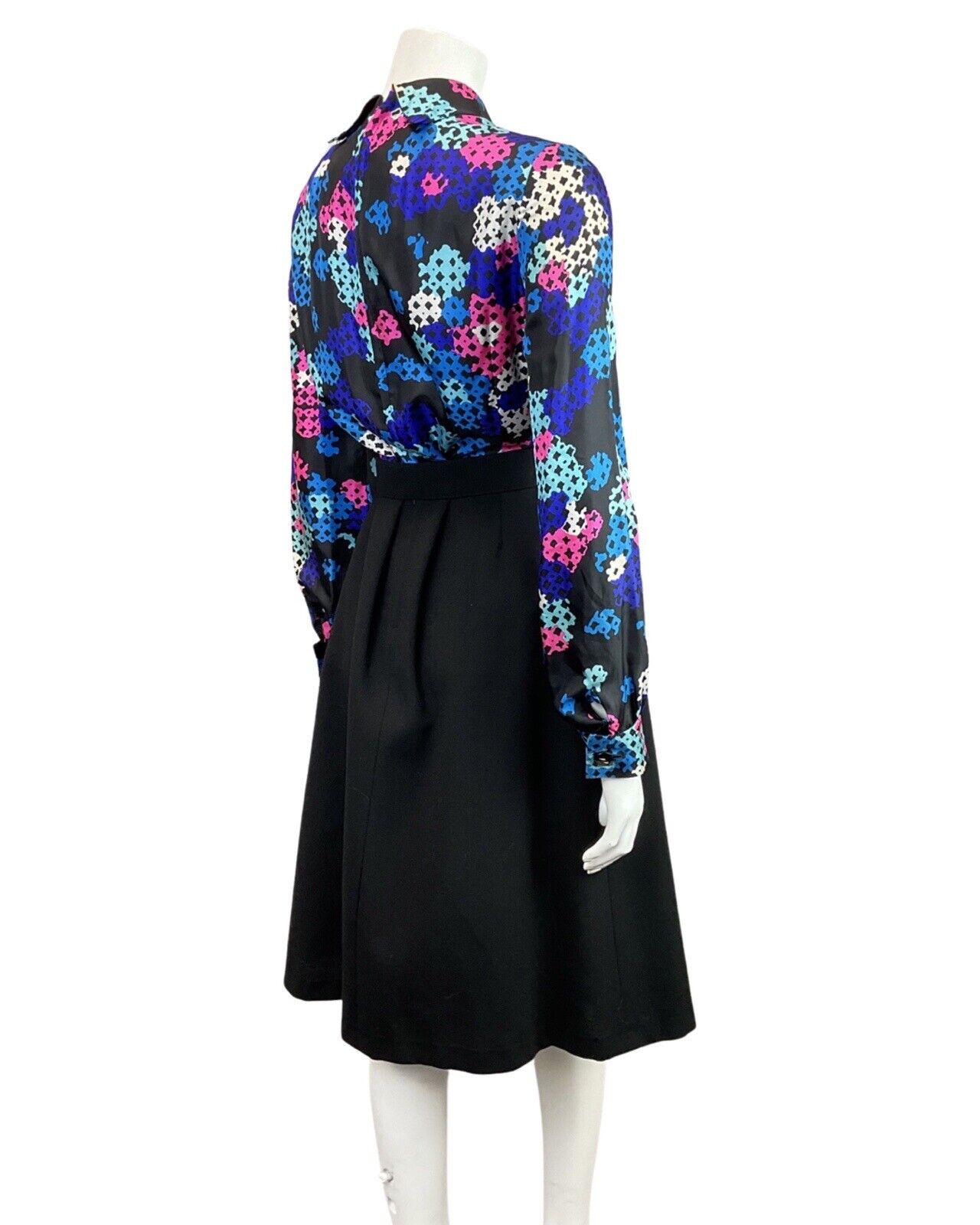 VINTAGE 60s 70s BLACK BLUE PINK GEOMETRIC BELTED PUSSYBOW SHIRT DRESS 12 14