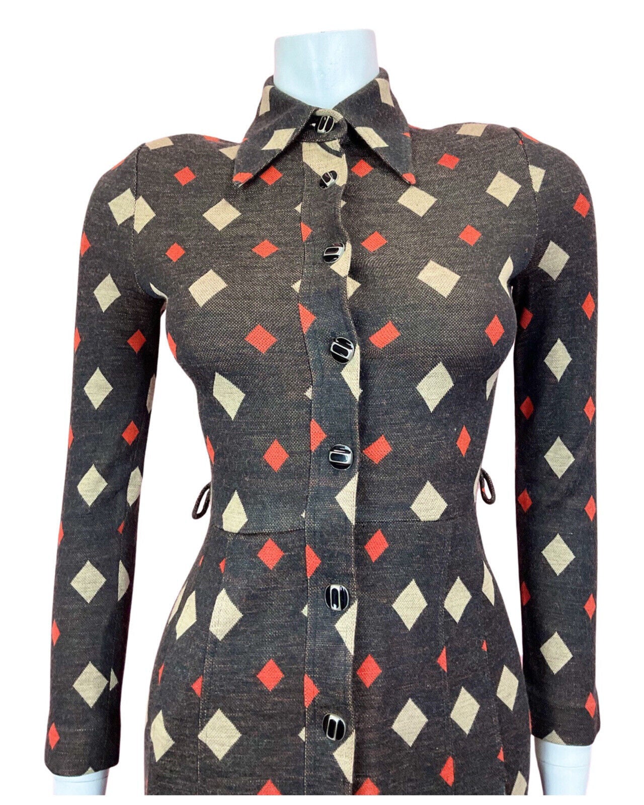 VINTAGE 60s 70s BLACK RED BEIGE DIAMOND GEOMETRIC DAGGER SHIRT DRESS 4