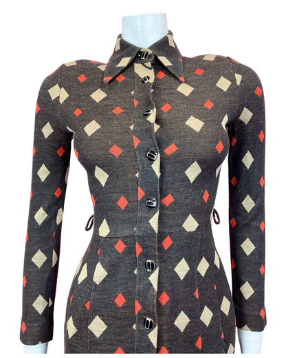 VINTAGE 60s 70s BLACK RED BEIGE DIAMOND GEOMETRIC DAGGER SHIRT DRESS 4