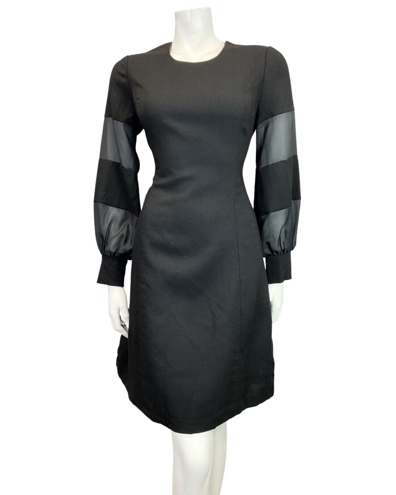 VINTAGE 60s 70s JET BLACK SHEER PUFF SLEEVE MOD DRESS 12