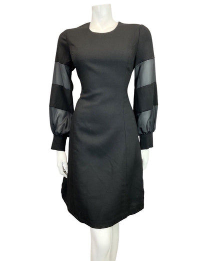 VINTAGE 60s 70s JET BLACK SHEER PUFF SLEEVE MOD DRESS 12