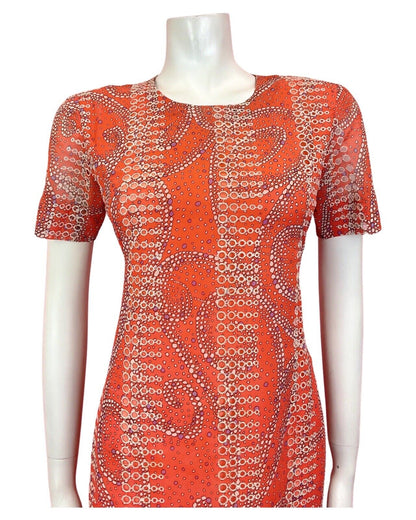 VINTAGE 60s 70s ORANGE WHITE PURPLE CUT-OUT SWIRL DOTTY MOD SHORT DRESS 8 10