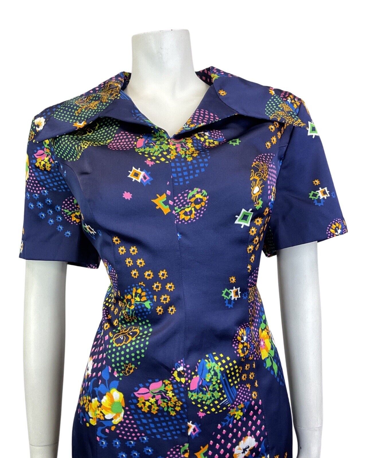 VINTAGE 60s 70s BLUE YELLOW PINK GEOMETRIC DOTTY FLORAL WING SHIRT DRESS 14 16