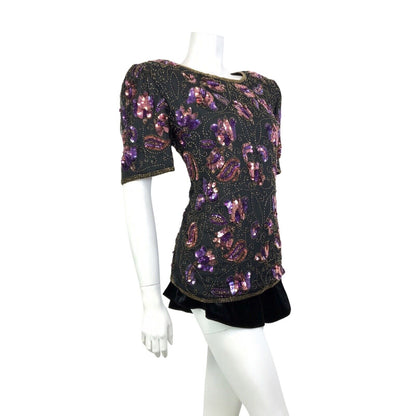 VINTAGE 70s BLACK PURPLE GOLD FLORAL SWIRL SEQUIN DISCO GLAM PARTY TOP 14 16