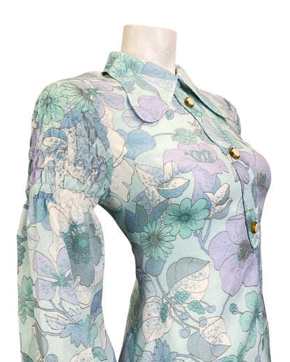 VINTAGE 60s 70s BLUE PURPLE FLORAL JULIET SLEEVE MOD BEAGLE COLLAR DRESS 10 12