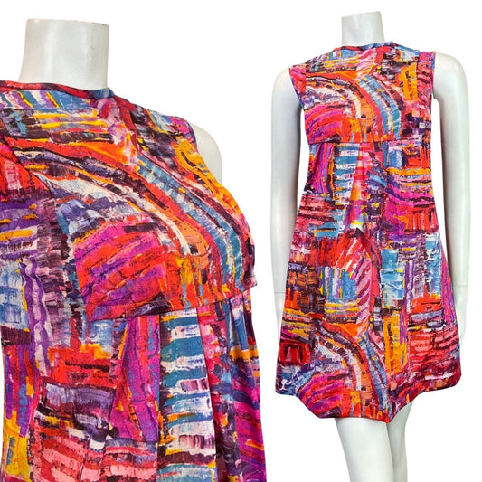 VTG 60s 70s PINK PURPLE BLUE YELLOW PSYCHEDELIC MOD EMPIRE TENT DRESS 12 14