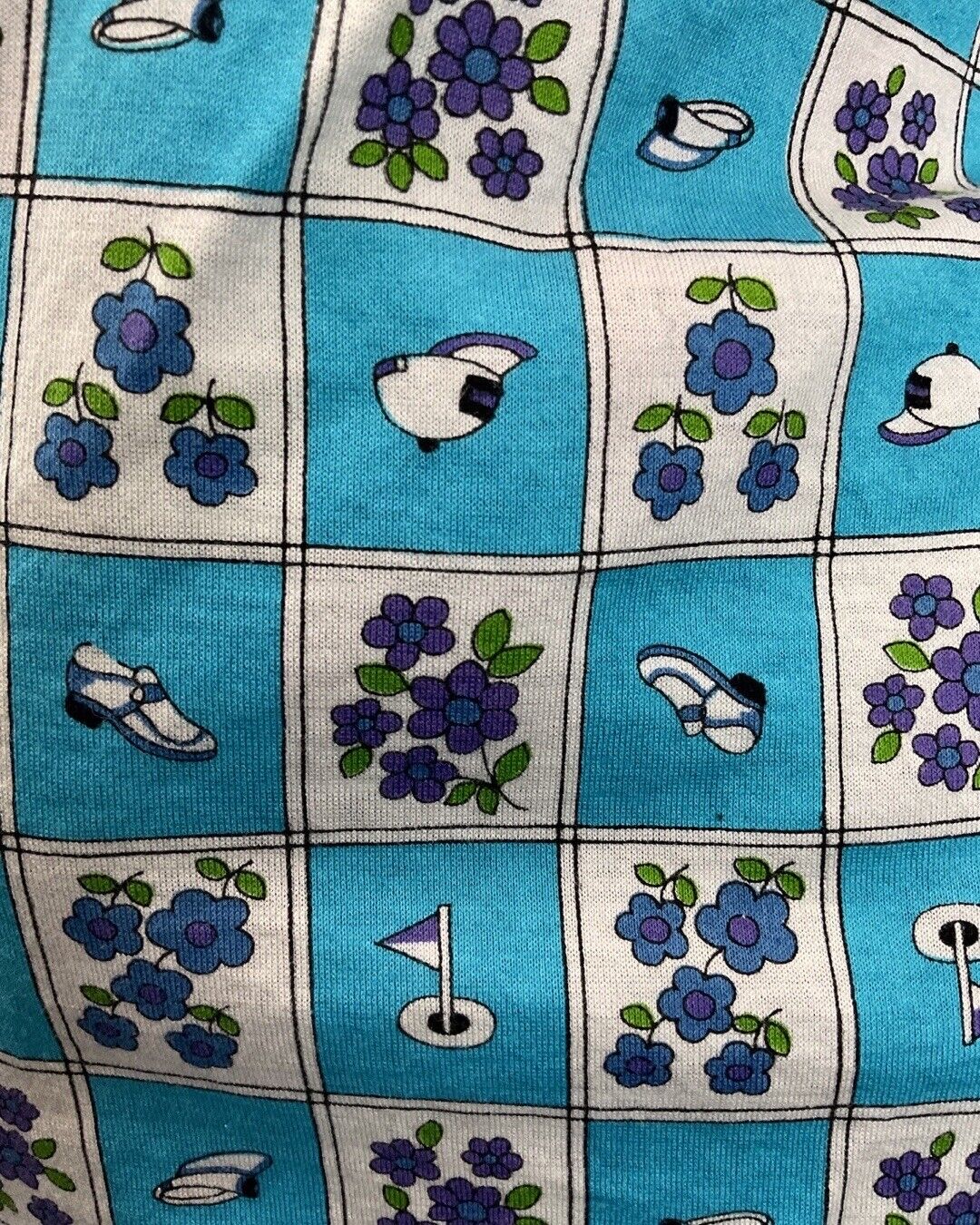 VINTAGE 60s 70s BLUE WHITE FLORAL GOLFING CHECKERBOARD FITTED BLOUSE SHIRT 8