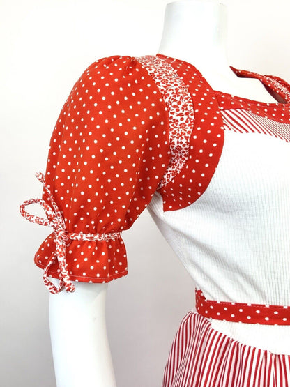 VTG 60s 70s RED WHITE STRIPE DOTTY FLORAL PRAIRIE FOLK PUFF SLEEVE DRESS 10 12