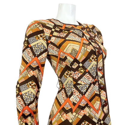 VINTAGE 60s 70s BROWN CREAM ORANGE GEOMETRIC PSYCHEDELIC MOD LONGSLEEVE DRESS 8