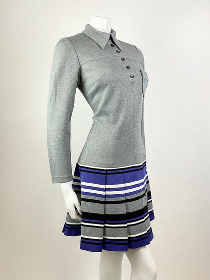 VTG 60s 70s GREY PURPLE WHITE STRIPED MOD PREPPY DAGGER SHIRTSCOOTER DRESS 10 12
