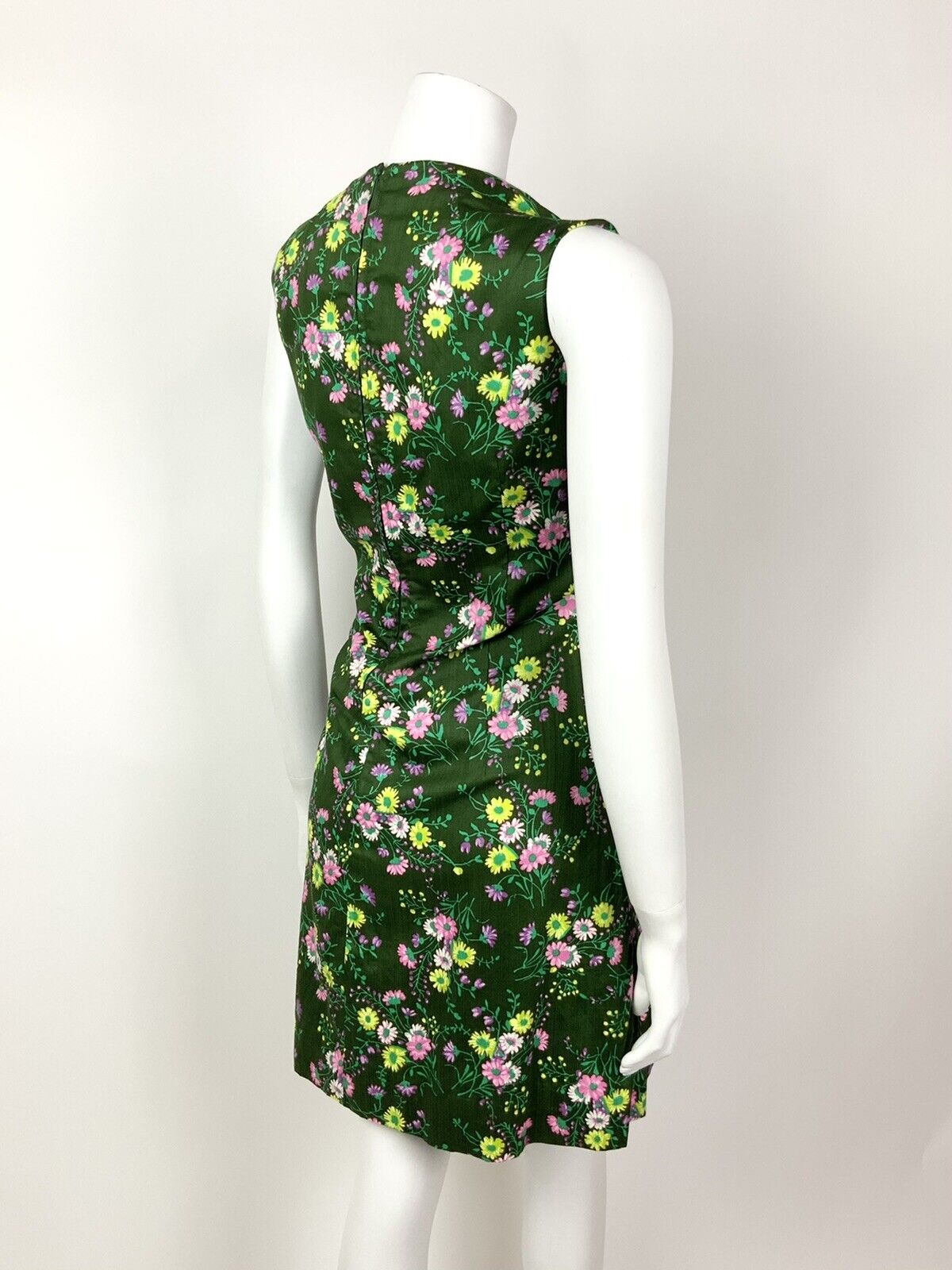 VINTAGE 60s 70s PINE GREEN PINK YELLOW PURPLE FLORAL DOTTY SLEEVELESS DRESS 12
