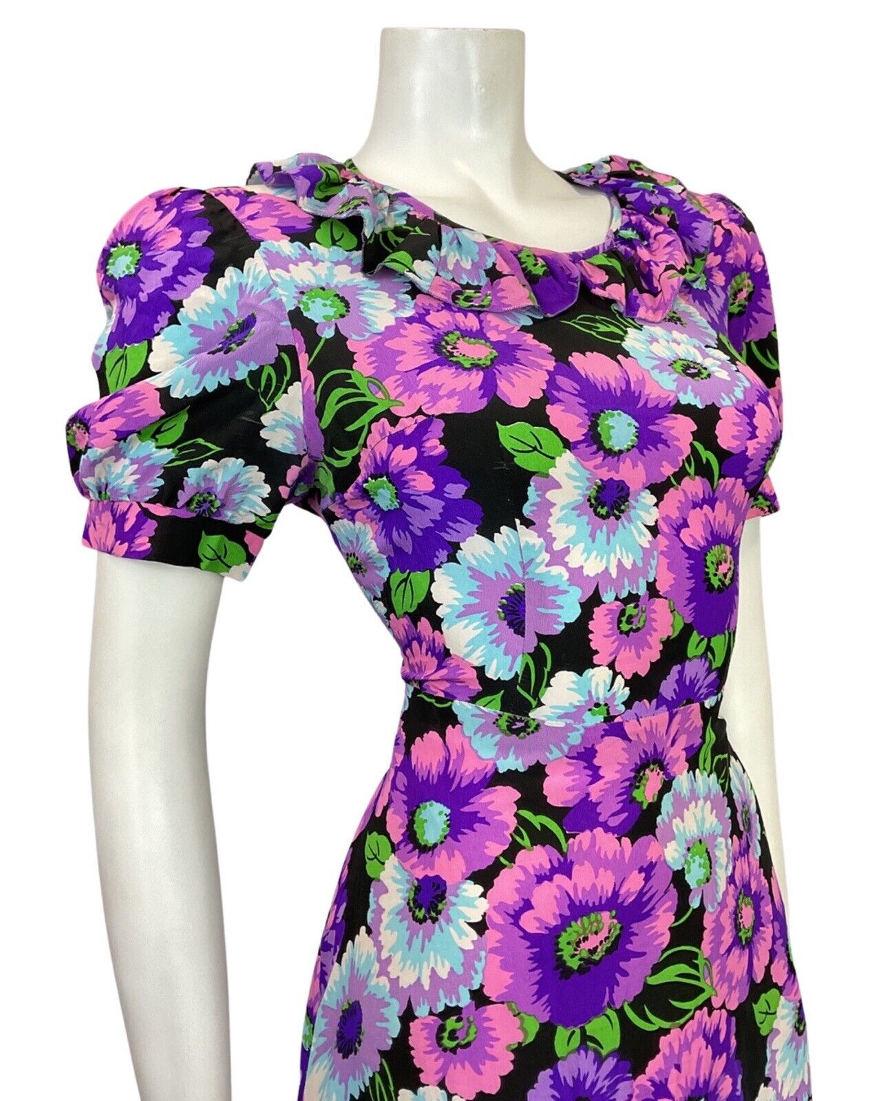 VINTAGE 60s 70s PURPLE BLUE BLACK PINK FLORAL RUFFLE SWING DRESS 14 16