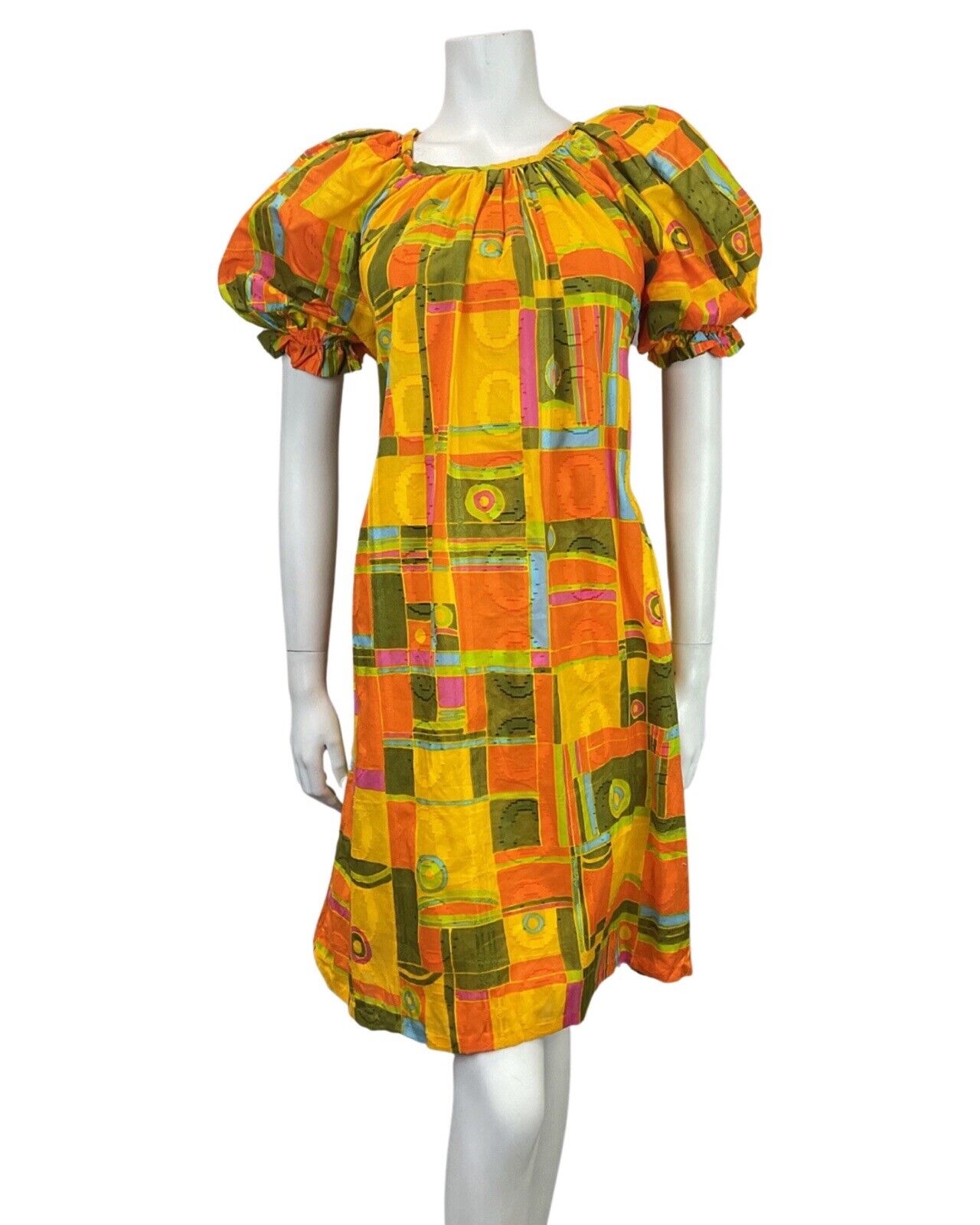 VINTAGE 60s 70s YELLOW GREEN ORANGE GEOMETRIC PUFF SLEEVE TENT DRESS 12 14