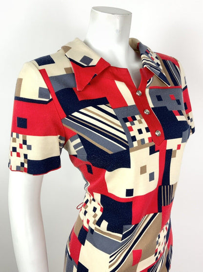 VINTAGE 60s 70s CREAM RED BLUE BROWN GEOMETRIC MOD DAGGER SHIFT DRESS 10 12