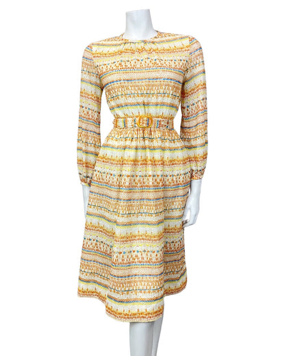 VINTAGE 60s 70s YELLOW BLUE ORANGE ANGLAISE EMBROIDERED STRIPED SHEER DRESS 4