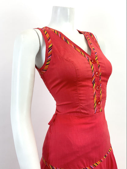 VTG 60s 70s FOLK RED ORANGE BLACK STRIPED GEOMETRIC AZTEC TIERED MOD DRESS 8 10