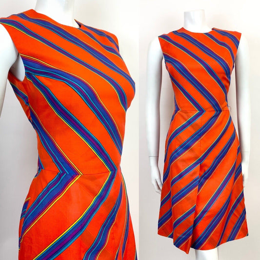 VINTAGE 60s 70s ORANGE BLUE PURPLE STRIPED GEOMETRIC SLEEVELESS MOD DRESS 10