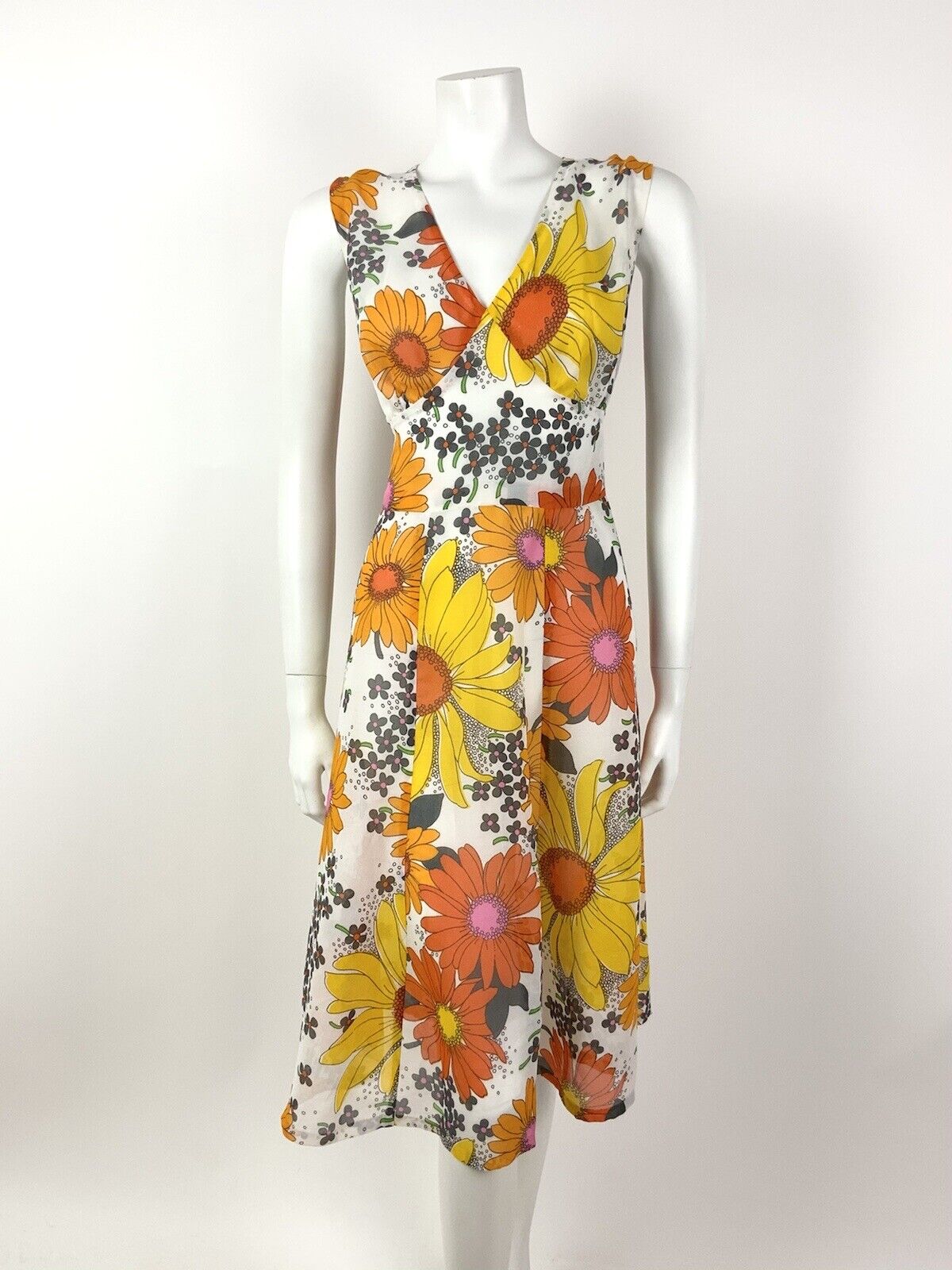 VTG 60s 70s WHITE ORANGE YELLOW FLORAL DAISY SHEER V-NECK SUMMER DRESS 12 14